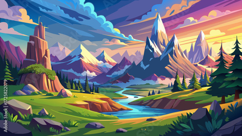 very beautiful Awesome alpine highlands in sunny day. Scenic image of fairy-tale Landscape with colorful sky under sunlit, over the Majestic Rock Mountains. Wild area. Megical Natural Background. 