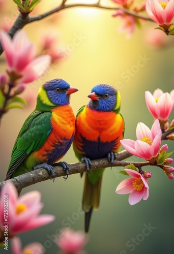 Vibrant Colorful Birds Perched on Lush Blooming Branches in a Blooming Spring Landscape
