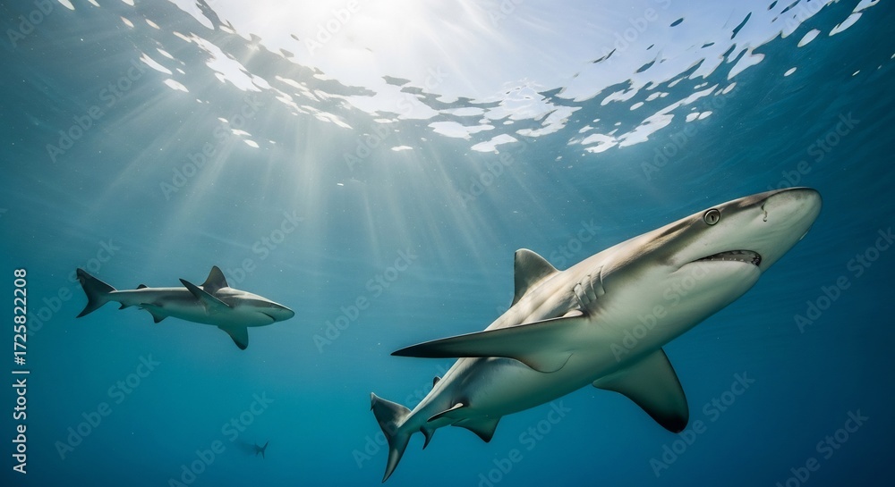 Fototapeta premium Two gray reef sharks swim in clear blue water under sunbeams