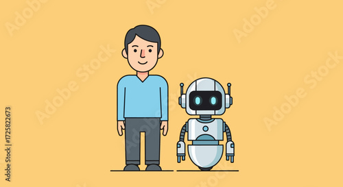 A cartoon illustration of a man and his friendly robot companion standing side by side, symbolizing human-AI collaboration