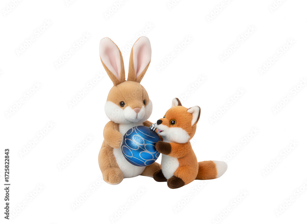 Obraz premium Cute Plush Rabbit and Fox Toys Holding Blue Christmas Ornament