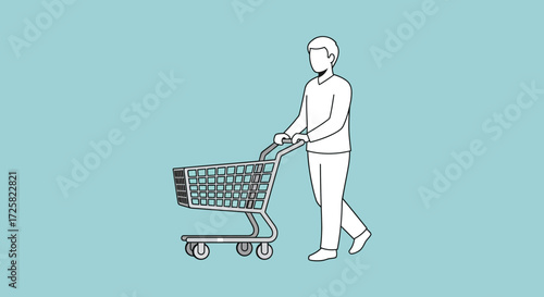 Man Pushing a Shopping Cart Minimalist Illustration for Retail and Consumerism Concepts
