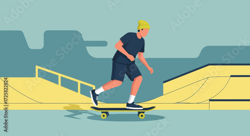 Skateboarder enjoying a ride at the skatepark, performing tricks and maneuvers in a vibrant illustration