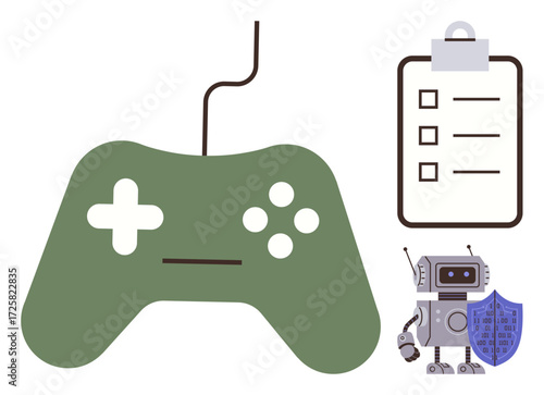 Green gaming controller with buttons and cable, clipboard checklist, and robot with shield symbolizing gaming, task management, AI, cybersecurity, robotics, productivity digital concepts. A simple