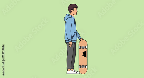 Side profile of a young man in a blue hoodie holding his skateboard, flat vector illustration for youth lifestyle concepts