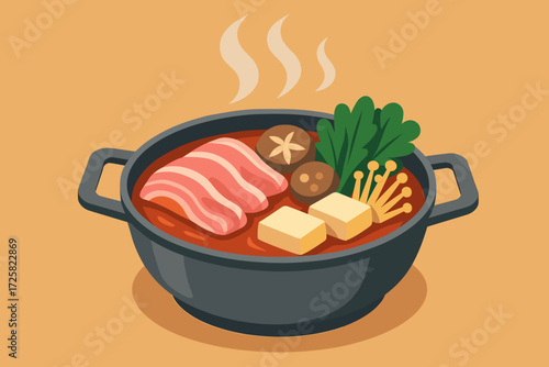 Hot pot, delicious, steaming dish with meat, vegetables, and tofu in a bowl