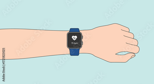 Wearable device on a person's wrist displaying heart rate data and a pulse icon