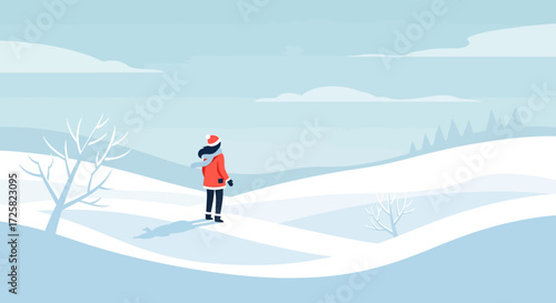 Winter Solitude A woman stands alone in a snow-covered landscape, surrounded by the quiet beauty of winter