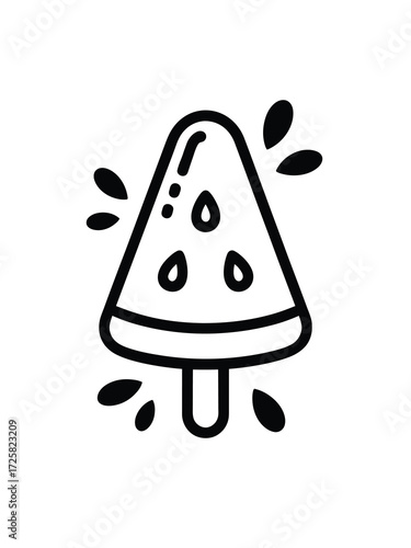 Watermelon slice popsicle with water splashes simple line art icon