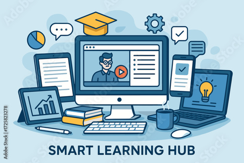 Smart learning hub, digital education, technology devices, with online courses and study materials