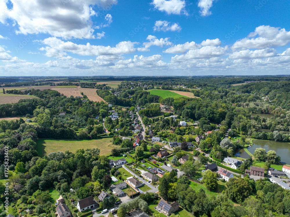 Obraz premium Aerial view of Genappe municipality and city of Wallonia located in the Belgian province of Walloon Brabant. Villas with garden surrounded by forest.