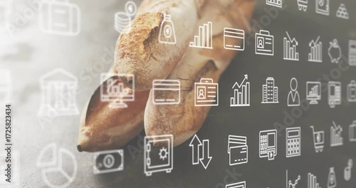 Grid appearing triggers icons sliding, fading, drifting visualizing financial data over baguettes