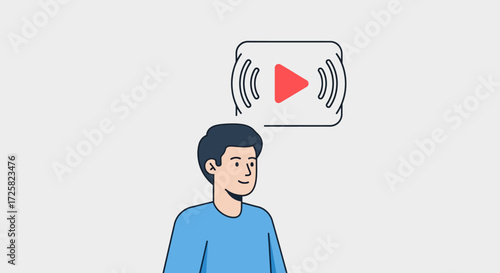 Man's Mind with Play Button and Sound Waves Icon Idea of Online Video Content