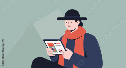 Stylish character in a hat and scarf browsing a creative interface on a digital tablet. Modern vector illustration