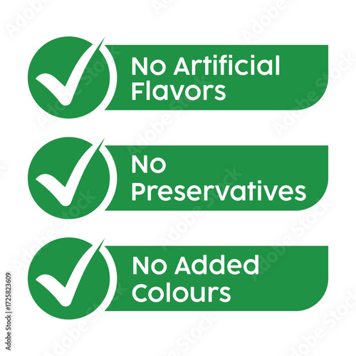 Three vibrant green square labels with white checkmarks and bold “NO” text above “Artificial Flavors,” “Added Preservatives,” or “Added Colors.” Clean, modern design on white background.