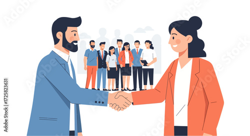 Professional business partners shaking hands, symbolizing a successful agreement or partnership within a diverse and collaborative team environment, fostering growth and mutual benefit