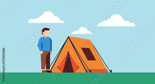 Man Stands Beside an Orange Tent Under a Blue Sky with Two Fluffy Clouds - Camping Scene