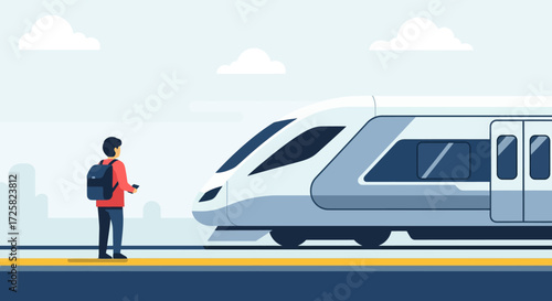 A lone traveler with a backpack stands on a platform, waiting for a modern high-speed train to arrive and begin their journey