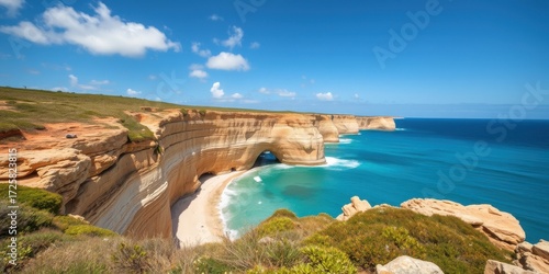 Coastal cliffs and hidden beach reveal stunning Algarve scenery in Portugal.