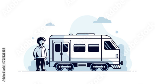Illustration of a Standing Man Next to a Train with Blue Accents on White
