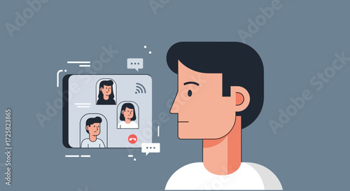 Digital communication and remote interaction illustrated by a man engaged in a video conference with multiple participants on his smartphone, highlighting modern connectivity