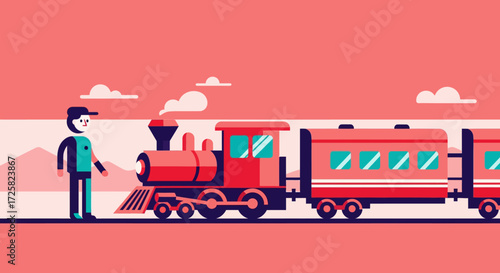 Flat design vector illustration of a vintage red steam train with a conductor on a railway journey across a scenic landscape
