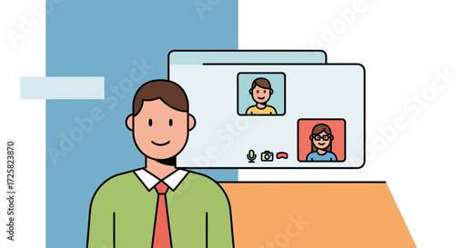 Illustration of a man in a video conference call with colleagues on a computer screen