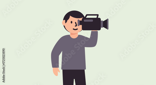 Cartoon character of a cameraman or filmmaker looking through a video camera, isolated vector illustration for media and production concepts