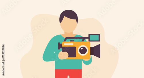 Filmmaker holding vintage video camera and recording a scene in flat design style with soft background