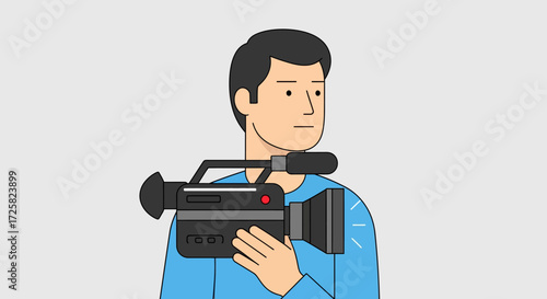 Illustration of a person holding a professional video camera and recording with a microphone attached