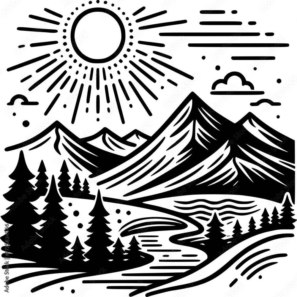 Fototapeta premium Mountain landscape illustration: A detailed illustration of a mountain landscape, featuring sun, trees, river, and clouds.