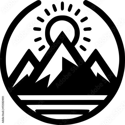 Majestic Mountainscape Symbol: A minimalist design featuring a sun rising over towering mountain peaks, capturing the essence of nature and adventure within a simple, iconic circular emblem.