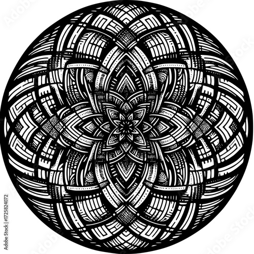 Intricate Geometric Mandala: This visually captivating design showcases a symmetrical, monochrome mandala with a complex, repetitive pattern that evokes a sense of calm and spiritual contemplation. 