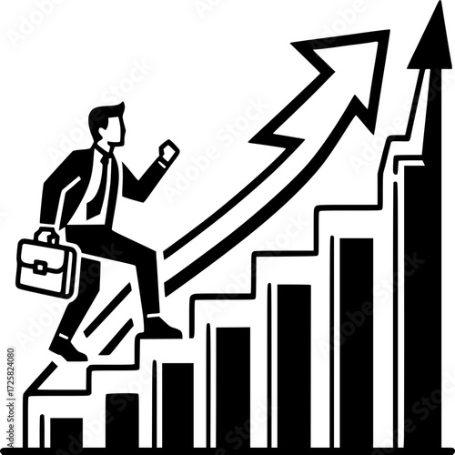 Ascending Towards Success: A determined businessman strides up a metaphorical staircase, his silhouette set against a rising graph, symbolizing professional progress and ambition. 