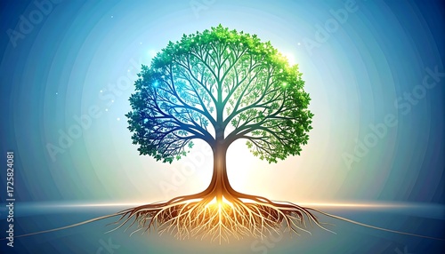 Vibrant tree with roots, vibrant colors