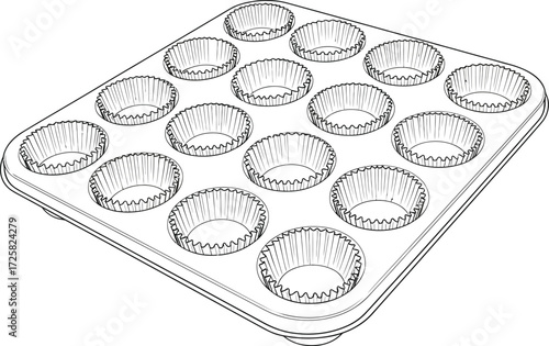 Muffin tray with cupcake liners, baking preparation, outline style