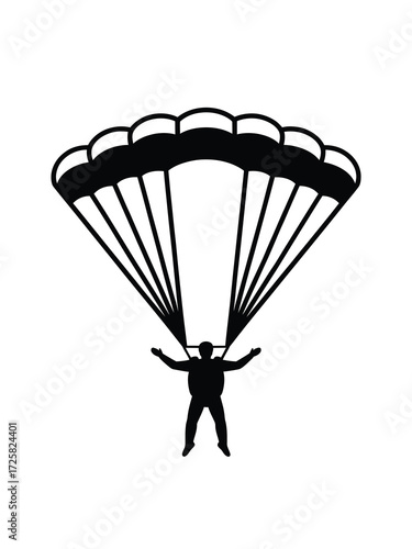 Silhouette of a skydiver with open parachute against white background
