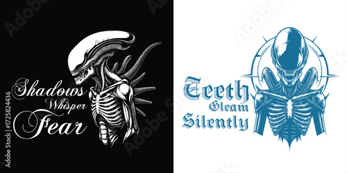 Vector minimalist illustration featuring stylized xenomorph art