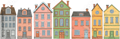 Foto Charming colorful townhouse illustration, vintage architecture design, urban res