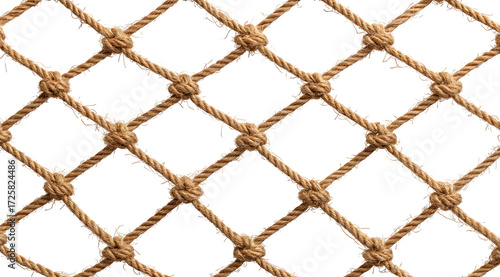 Detailed close-up of a rustic, natural hemp rope fishing net against a clean white backdrop, perfect for nautical themes and textures