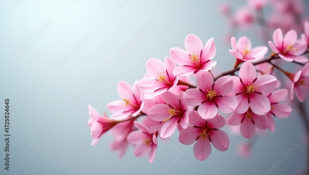 Fototapeta premium Delicate blossoms in soft pink hues grace a light-gray backdrop, capturing the essence of springtime.