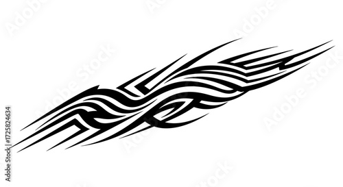 Tribal tattoo design with flowing lines and sharp edges, evoking a sense of power and movement, suitable for body art and graphic design applications, abstract art inspiration
