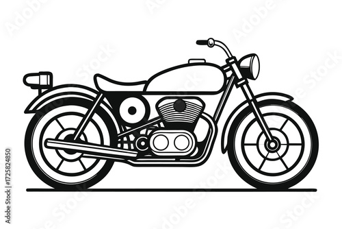 Black and white line art illustration of a vintage motorcycle