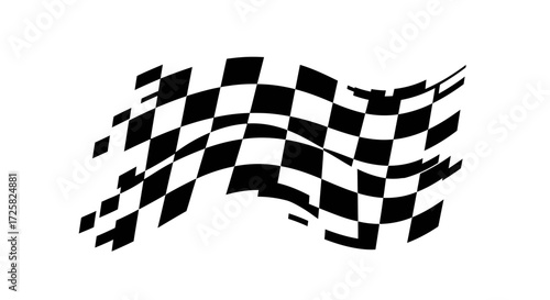 Black and white checkered flag waving in the wind, a symbol of victory in races and competitions, isolated on white background with artistic blur effect
