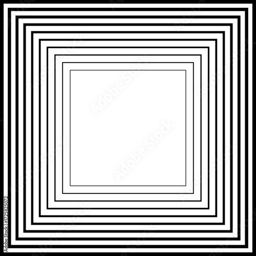 Square arrangement of concentric continuous lines where strokes start thin inside and become thick outward without gradient.