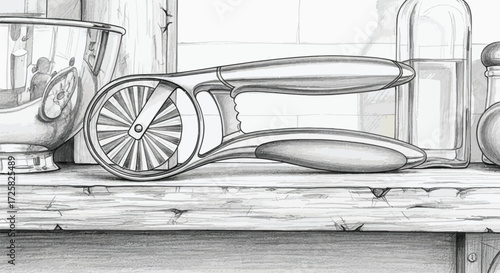 Pencil drawing of a kitchen mandoline, kitchenware, and glassware