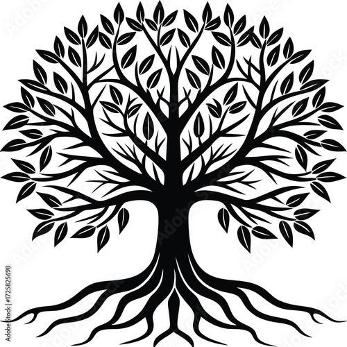 Minimalist flat illustration of a tree with exposed roots showcasing its organic structure and growth