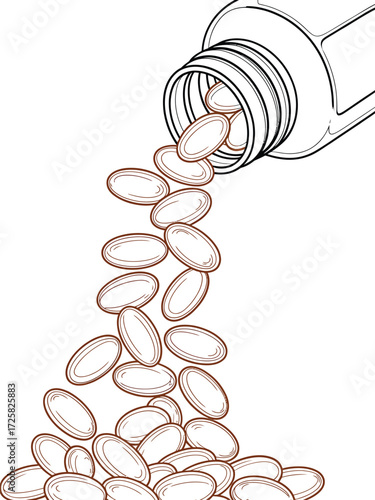 Bottle of pills spilling out onto a white background illustration