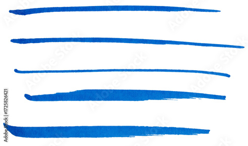 Hand drawn blue marker brush strokes set, abstract ink lines collection for underline, highlight, text divider, design element, doodle sketch, isolated simple shapes on transparent background