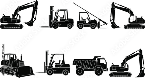 Construction vehicle silhouettes, excavator, forklift, bulldozer, dump truck, heavy machinery, industrial equipment, black vector icons, infrastructure tools, editable illustration set